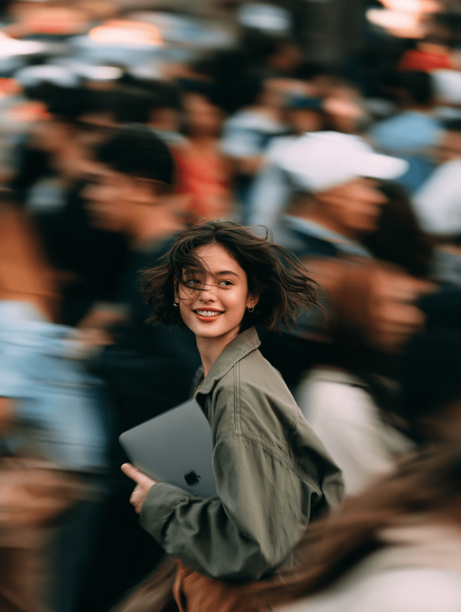 A founder moving through a Manila crowd, laptop under her arm.